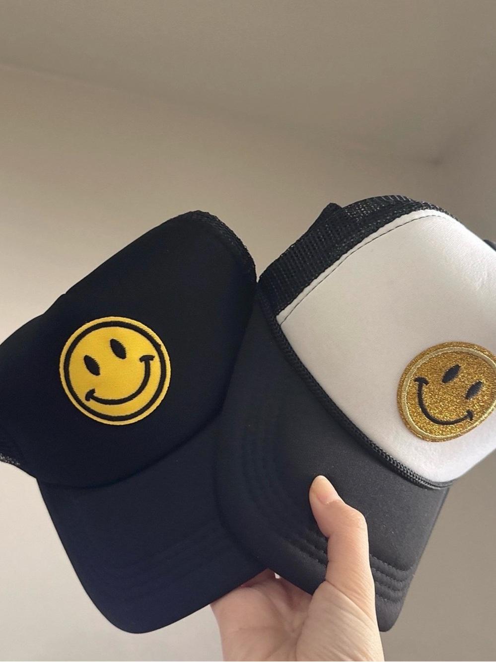 Black Trucker Hat with Yellow Smiley Patch - Women’s Casual Cap